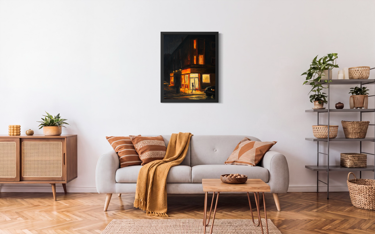 "Corner Store" original oil painting by John Wellington — framed above a sofa in a warm, plant-filled living room