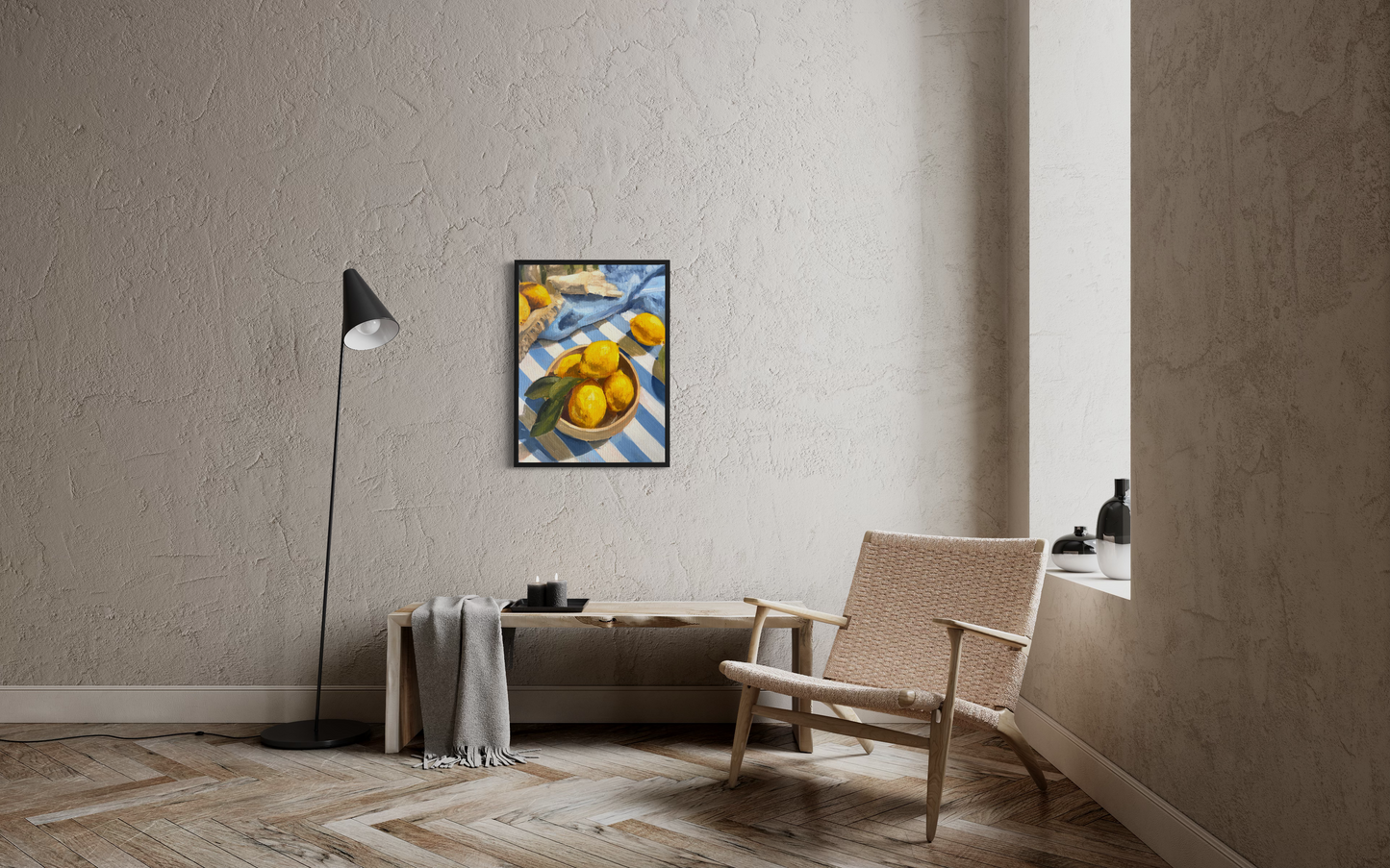 Lemons and Lines oil painting side view - 11x14 canvas board painting by John Wellington