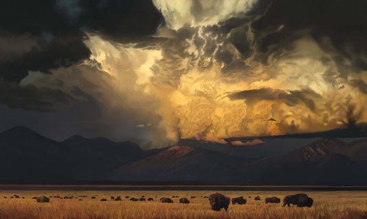 The Prophecy, 2024, by Mark Maggiori — buffalo beneath illuminated storm clouds