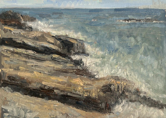 Rocky Beach — plein air oil on canvas board by John Wellington