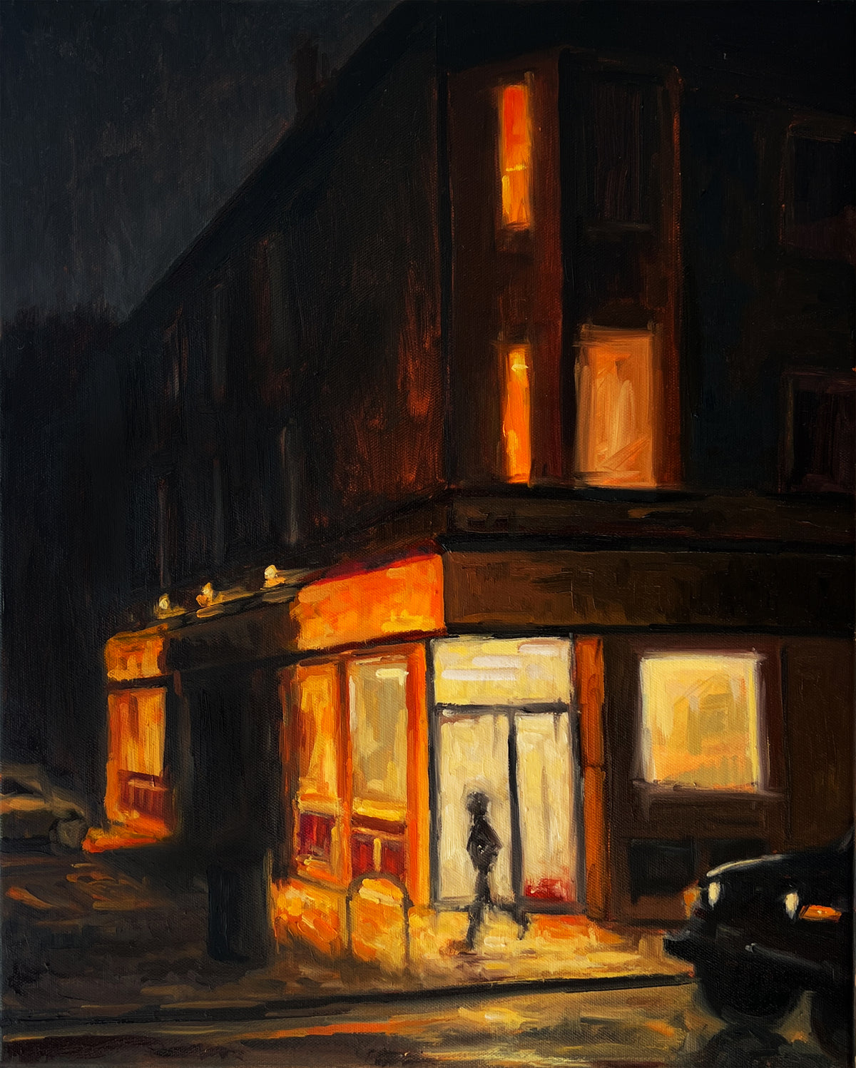 "Corner Store" original oil painting by John Wellington — full view of a glowing corner shop at night with a lone figure walking past