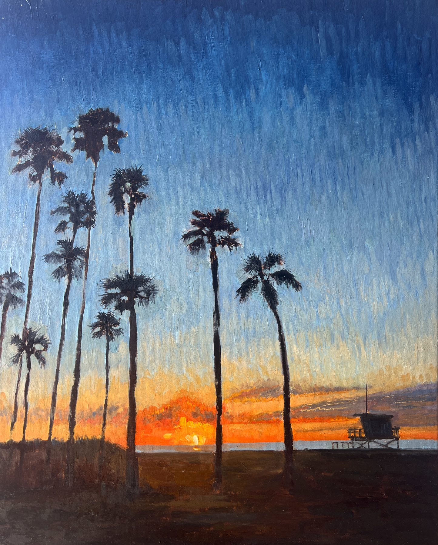 Last Light in Venice - Original oil painting of Venice Beach sunset by John Wellington, 16x24 inches oil on canvas
