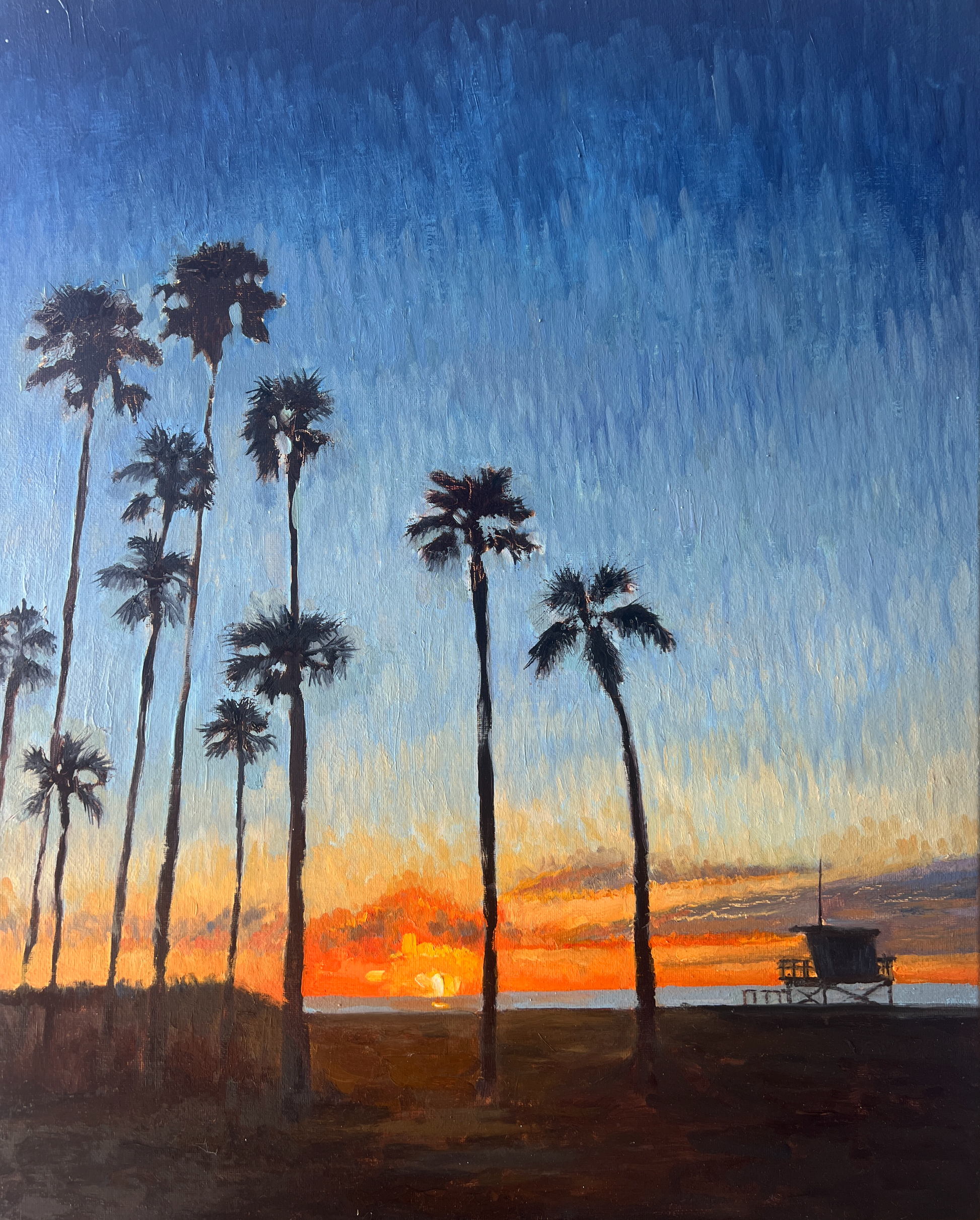 Last Light in Venice - Original oil painting of Venice Beach sunset by John Wellington, 16x24 inches oil on canvas