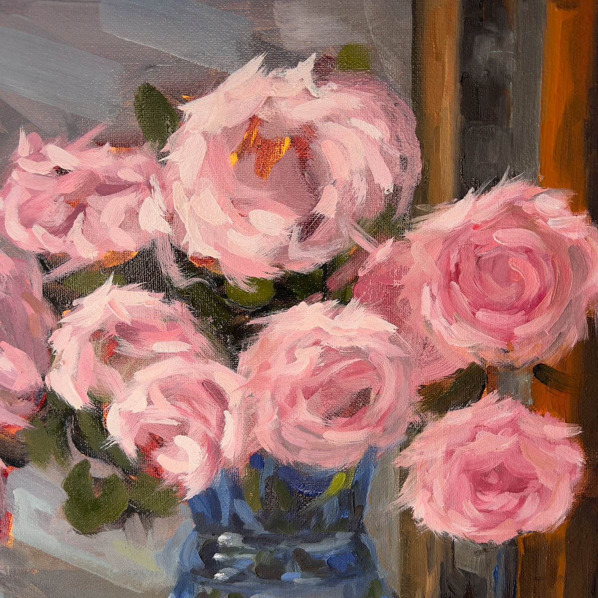 "Pink Roses" original oil painting by John Wellington — close-up detail of thick, feathery rose petals
