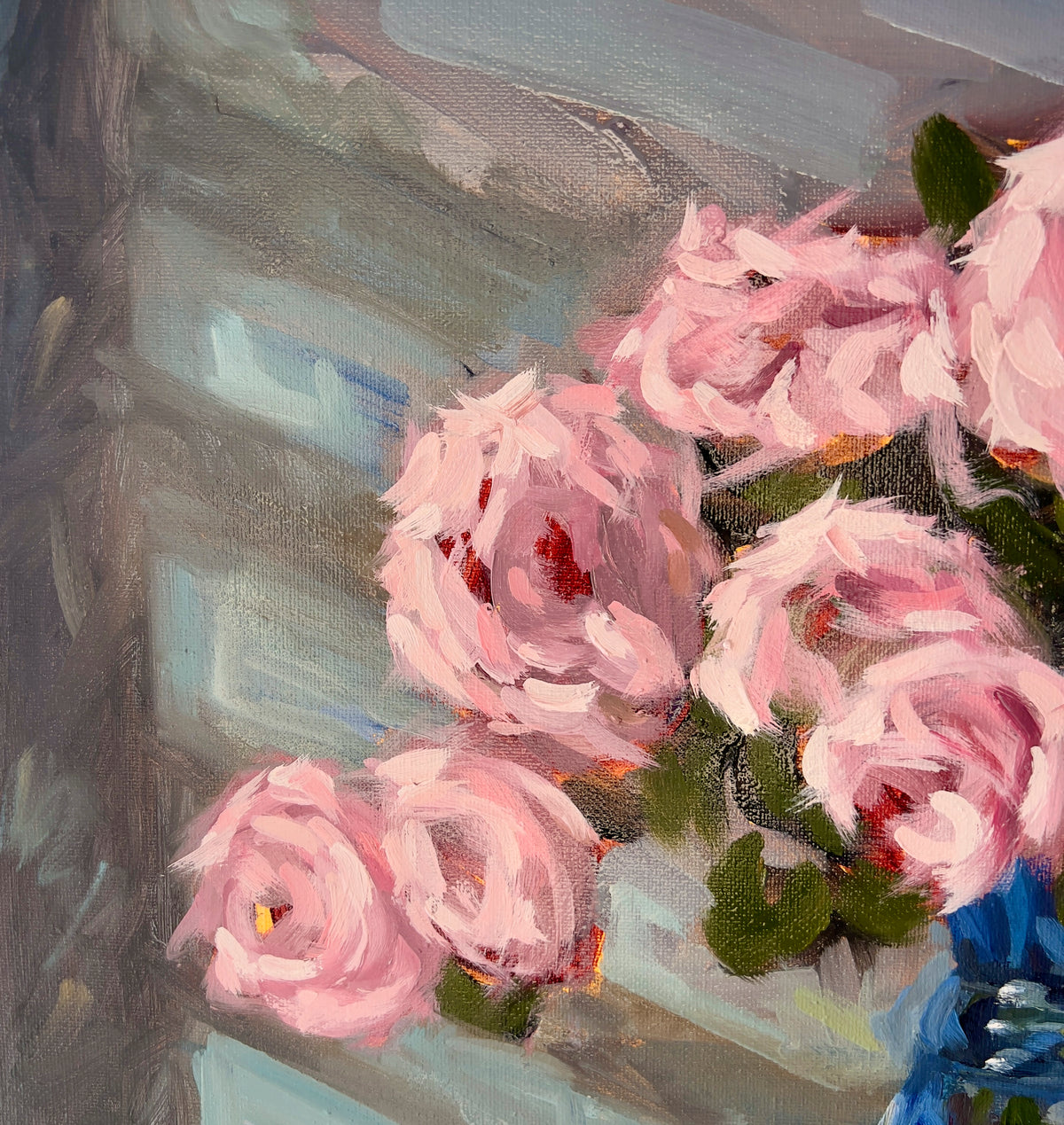 "Pink Roses" original oil painting by John Wellington — detail of roses against window-blind shadows