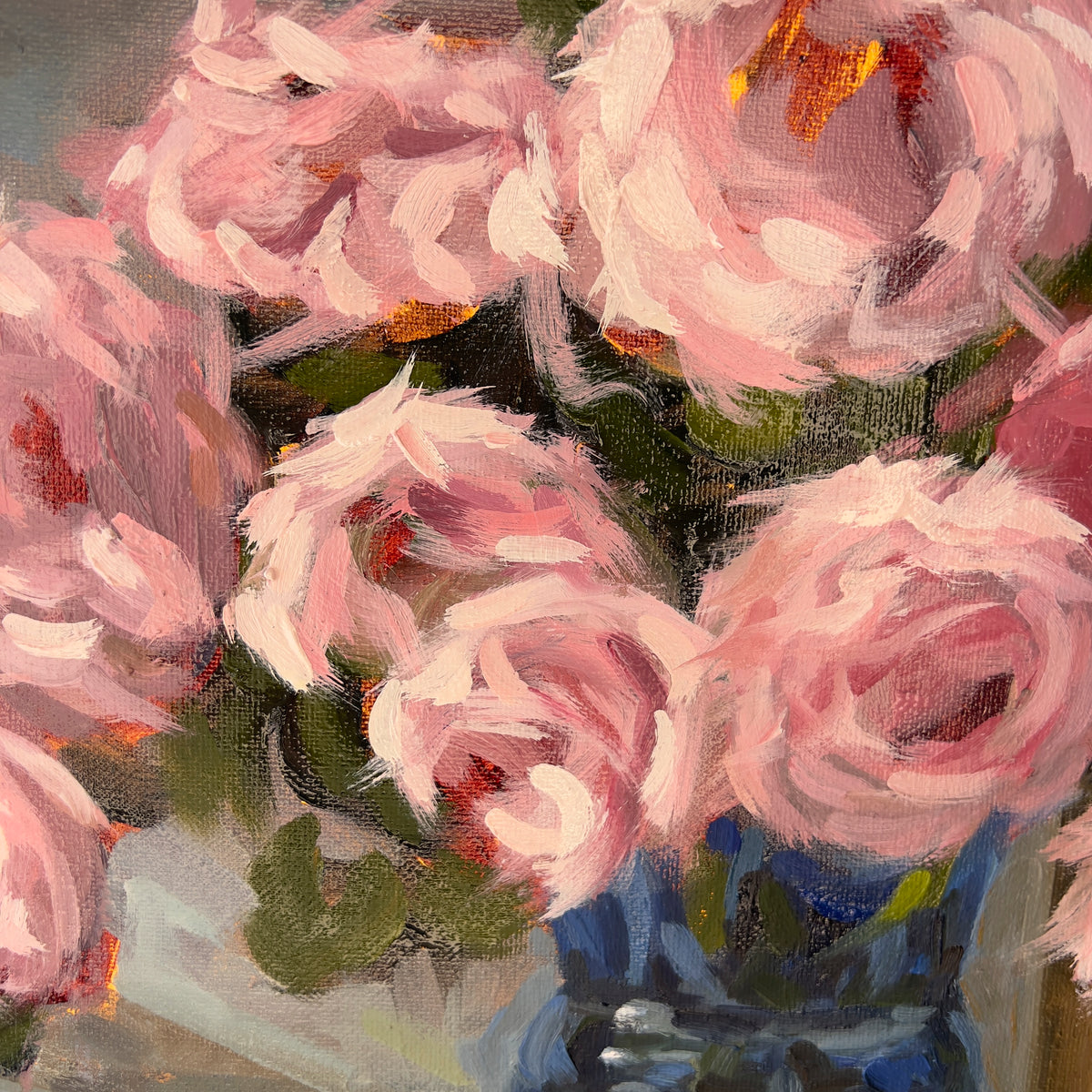 "Pink Roses" original oil painting by John Wellington — macro detail of impasto brushwork on the petals
