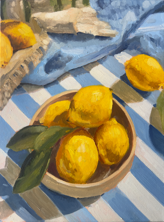 Lemons and Lines - Original oil painting of three lemons by John Wellington, 11x14 inches oil on canvas board