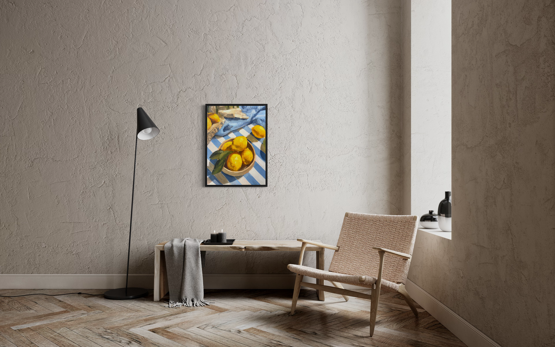 Lemons and Lines oil painting side view - 11x14 canvas board painting by John Wellington