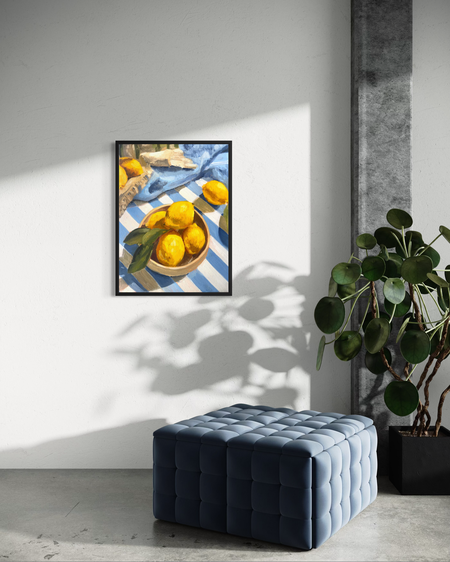 Lemons and Lines still life - contemporary oil painting with geometric composition