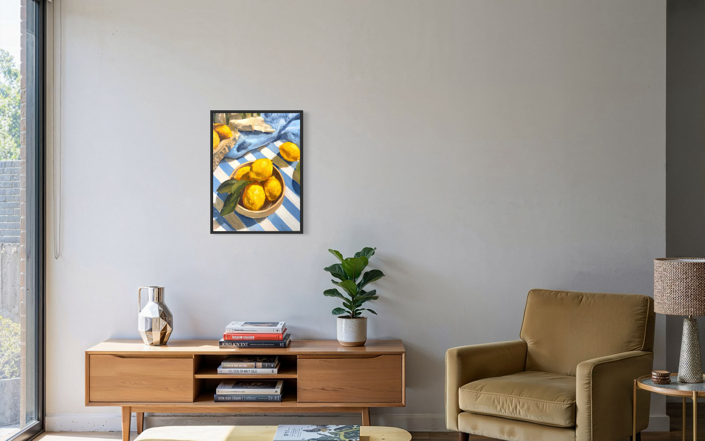 Lemons and Lines oil painting - California artist still life work, kitchen and dining room art
