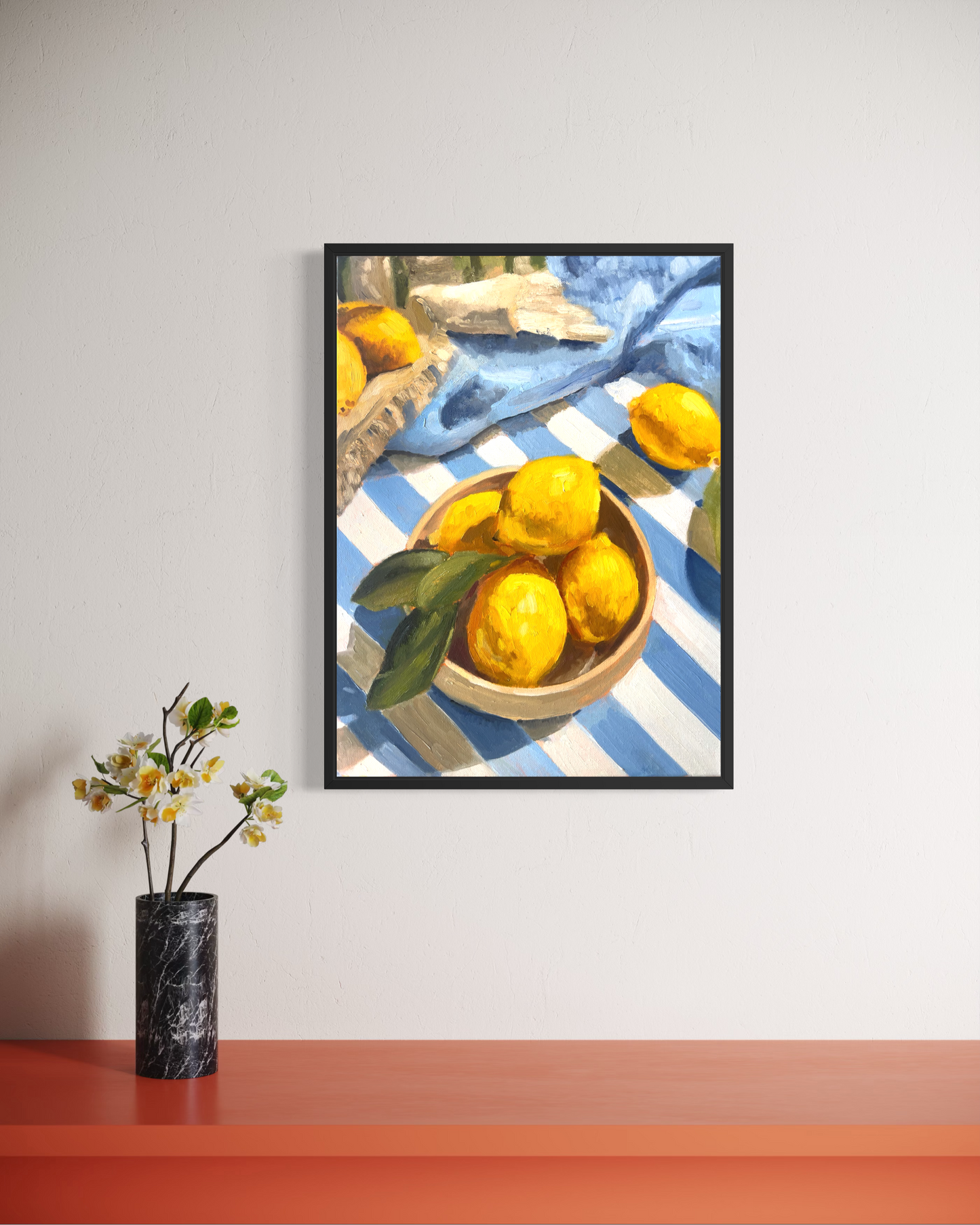 Lemons and Lines oil painting detail - brushwork and color temperature in yellow citrus still life