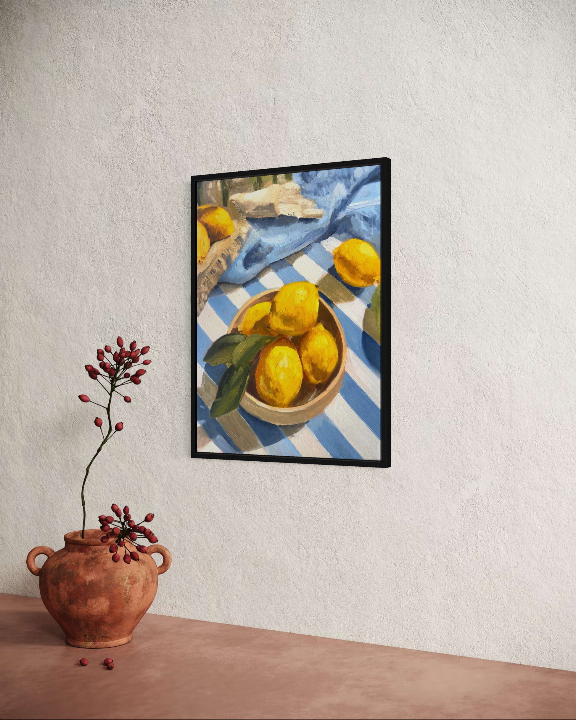 Lemons and Lines painting detail - palette knife background texture and smooth fruit modeling