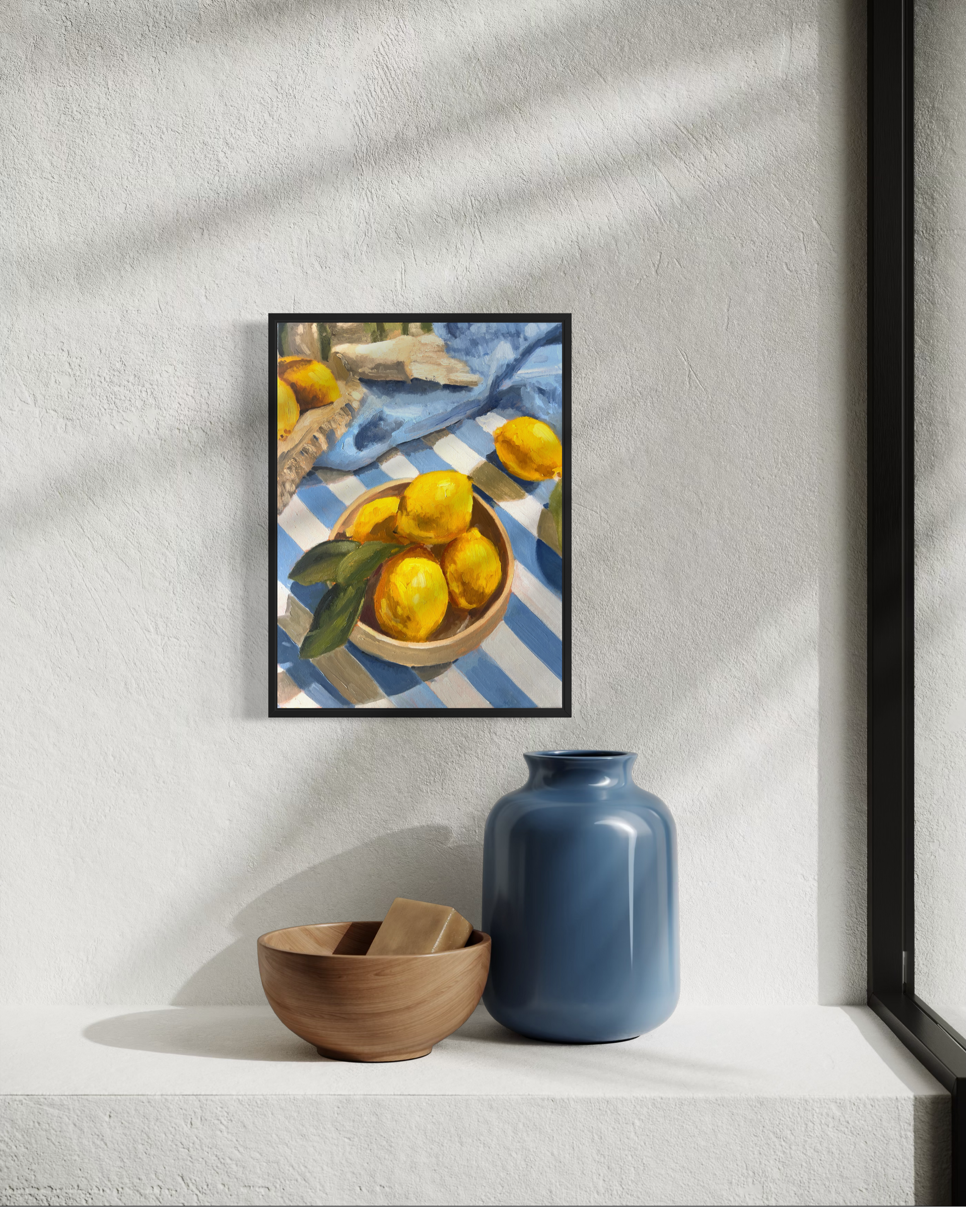 Lemons and Lines studio shot - original oil painting unframed, ready to ship from Los Angeles