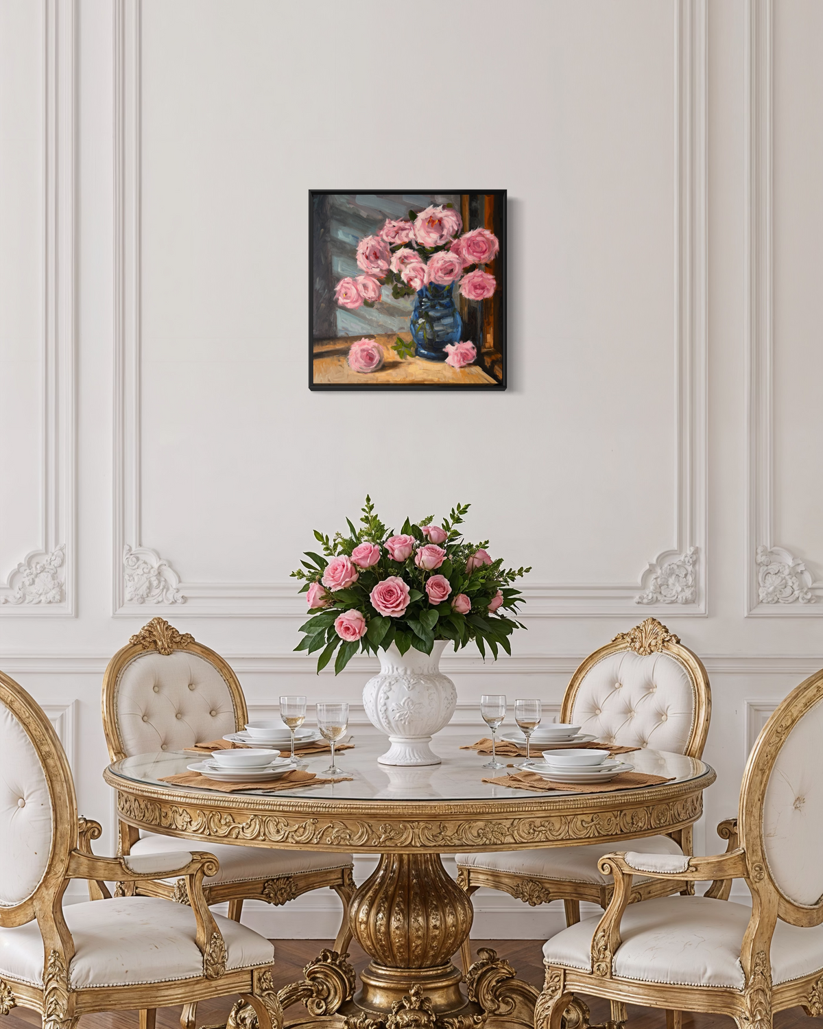 "Pink Roses" original oil painting by John Wellington — framed above an elegant white dining room with gilded chairs