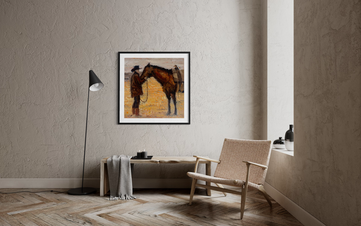 Tethered Souls wall art — cowboy and horse western painting print by J. Wellington Art Co.