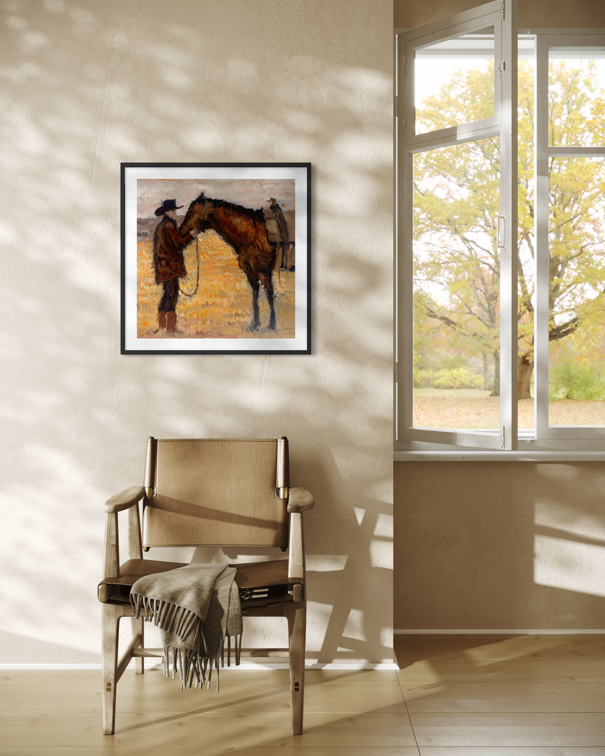Tethered Souls fine art print — warm ochre western painting, square format