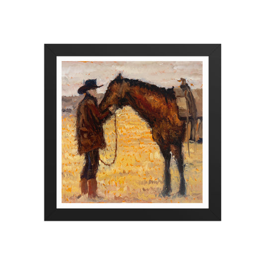 Tethered Souls framed print — black frame, cowboy and horse western art by John Wellington