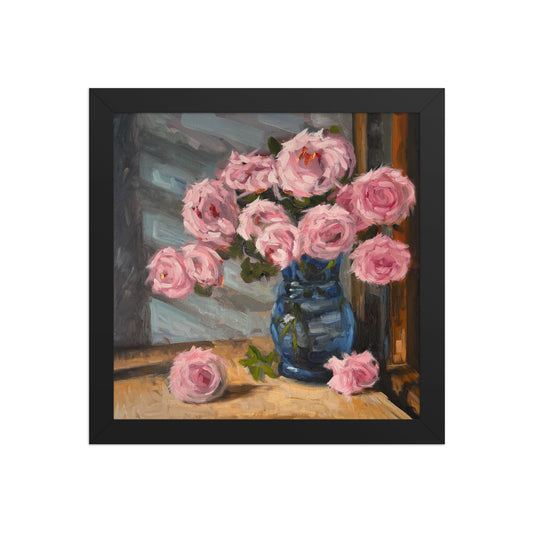 "Pink Roses" framed art print, 10×10 in Black wood frame — pink roses in a blue glass vase, oil painting reproduction by John Wellington