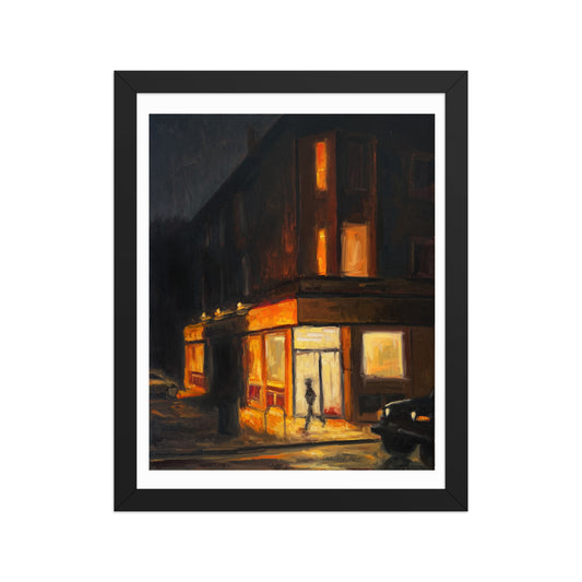 "Corner Store" framed art print, 11×14 in Black wood frame — night cityscape oil painting reproduction by John Wellington