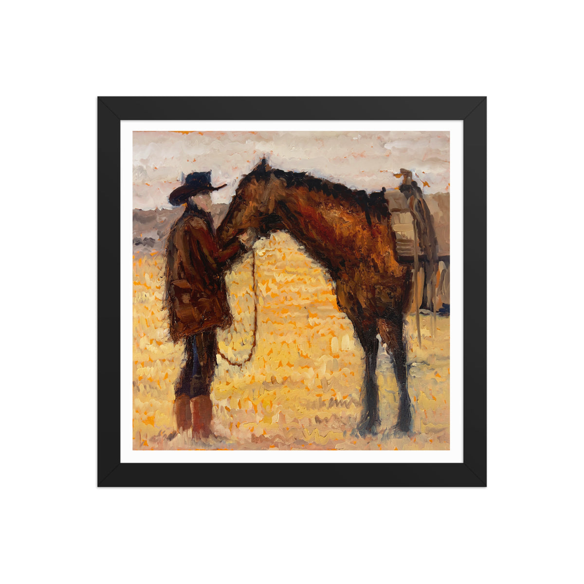 Tethered Souls 12x12 framed print — black frame, golden field western painting