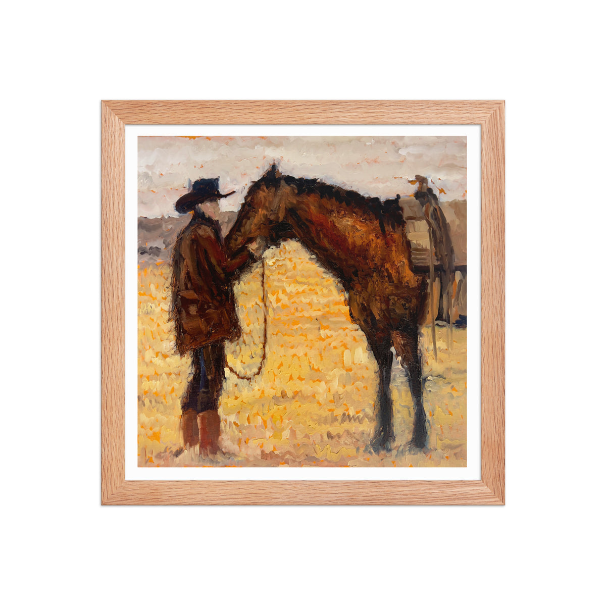 Tethered Souls 12x12 framed poster — red oak, cowboy art print by John Wellington