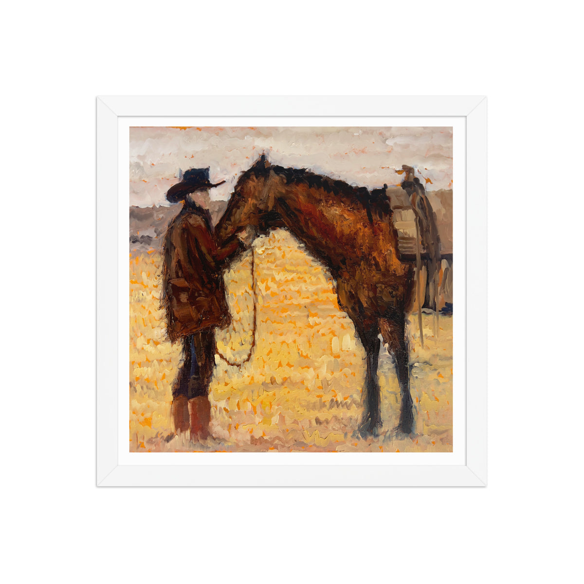 Tethered Souls 14x14 framed print — white frame, cowboy painting Los Angeles artist