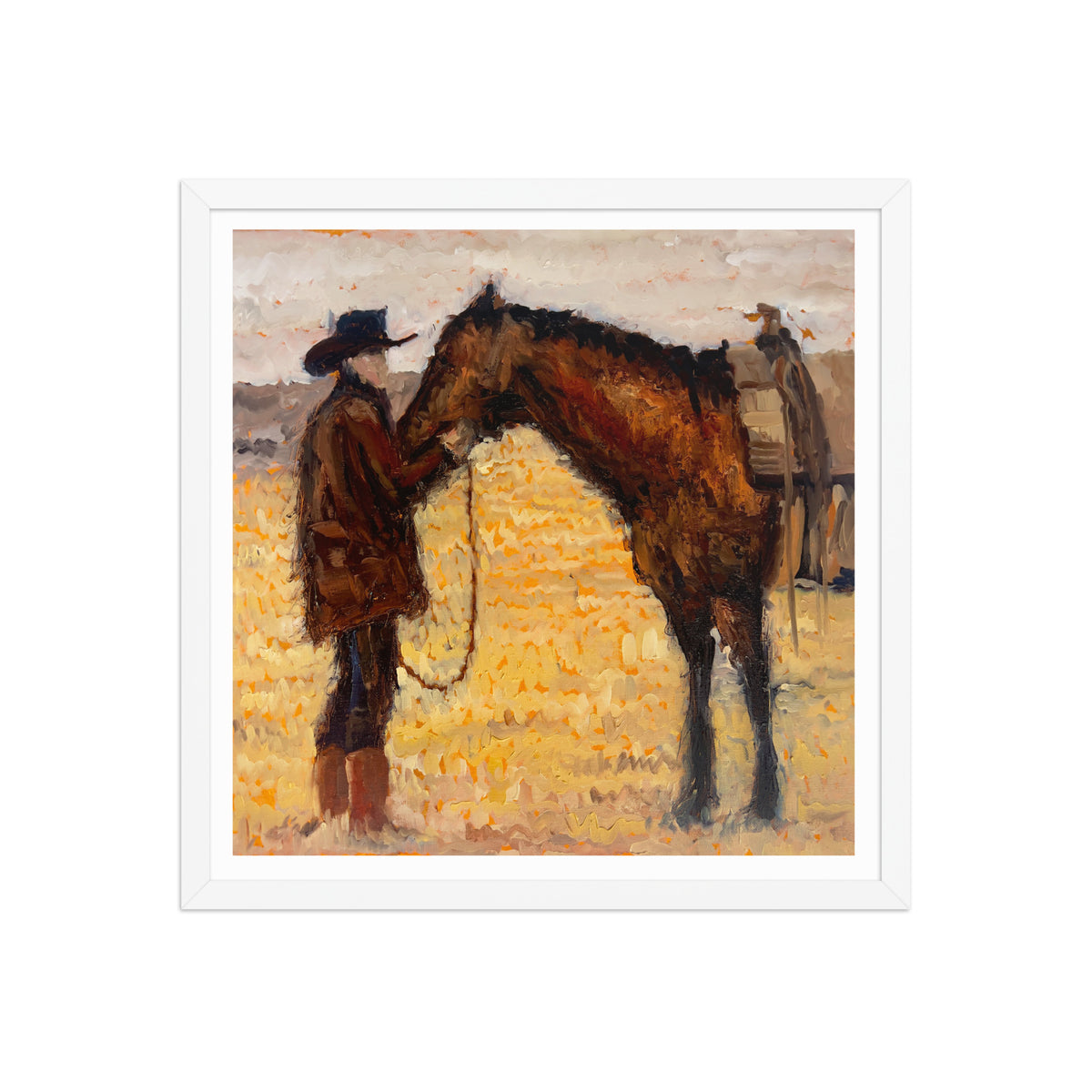 Tethered Souls 18x18 framed art — white frame, large square western painting print
