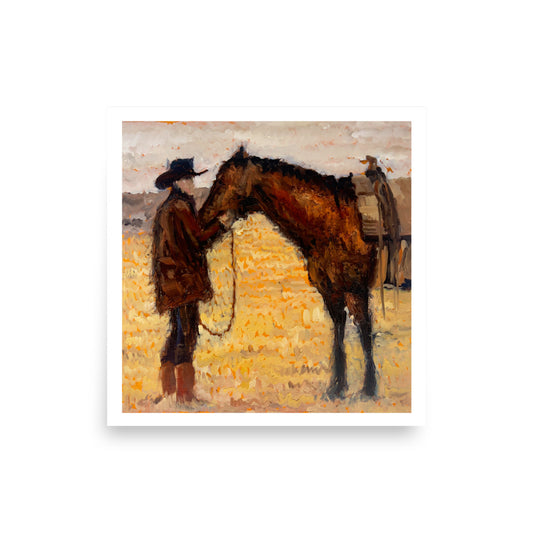 Tethered Souls fine art poster — cowboy and horse in golden field, matte print