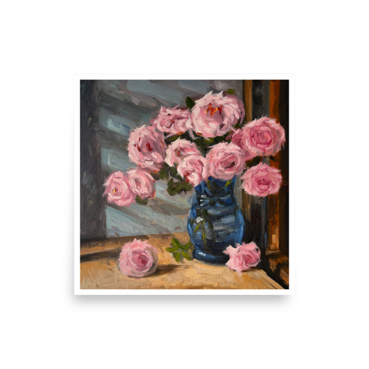 "Pink Roses" art print — pink roses in a blue glass vase on a sunlit wooden table, oil painting by John Wellington