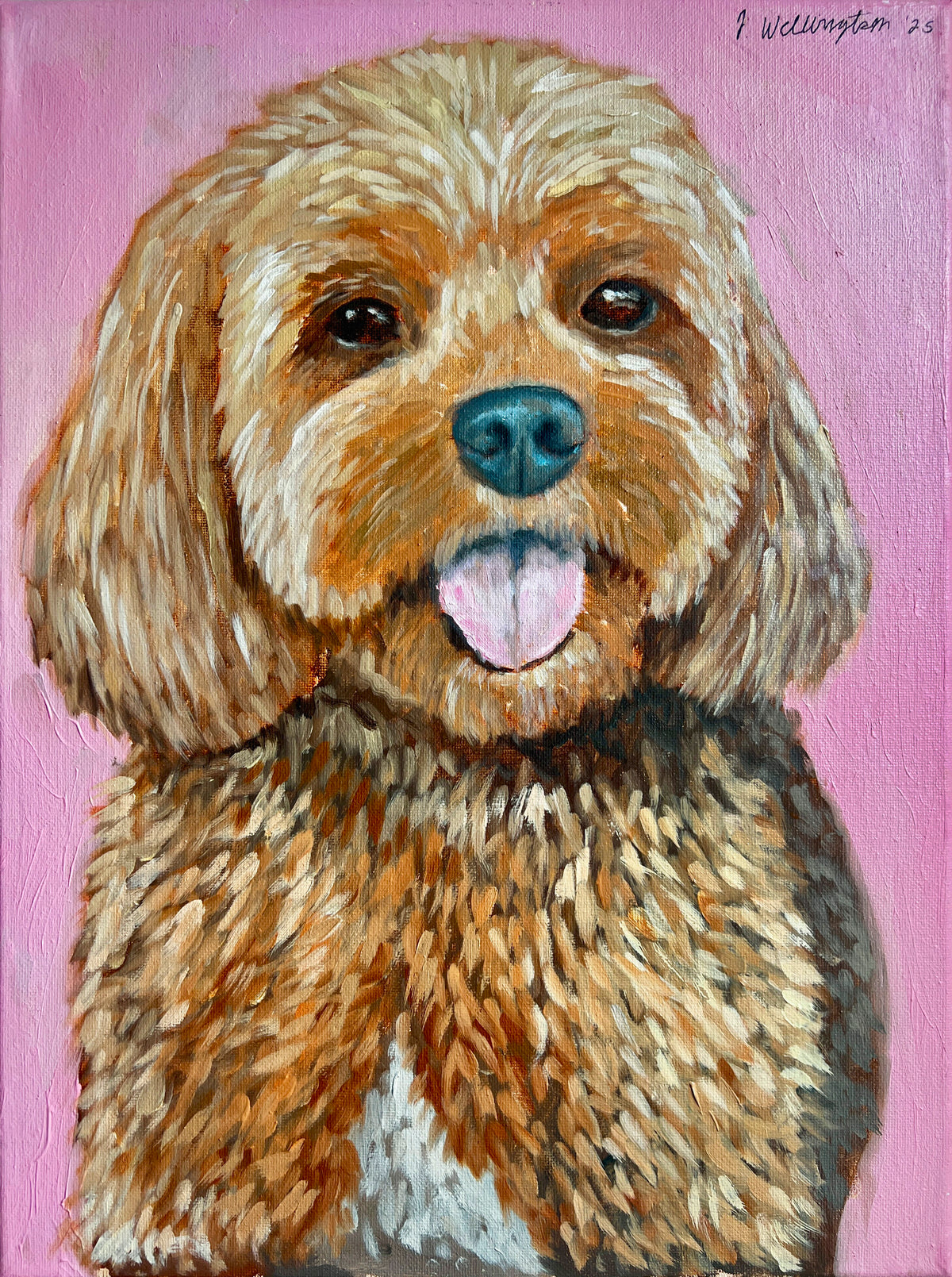 Rose, a hand-painted dog portrait by John Wellington against a pink background
