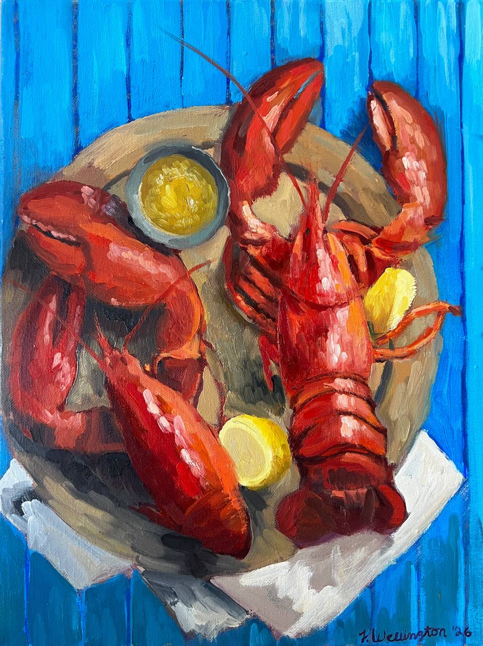 The Catch — oil on canvas, 12×16 inches, by John Wellington. Two lobsters on a wooden board, painted overhead on a saturated cobalt blue background.